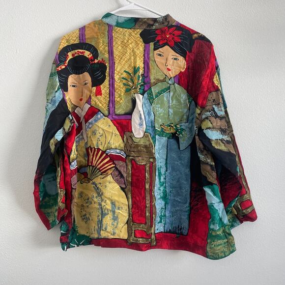 Chicos Button Up Top Women 3 XL Asian Geisha Print Silk Artsy Maximalist - Picture 8 of 12
